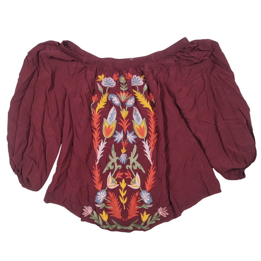 Solitaire Blouse Womens Medium Maroon Embroidered Off Shoulder Rayon PA-12202
